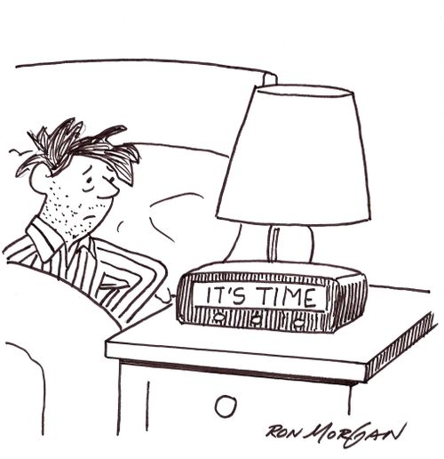 Man wakes to his bedside digital clock which reads: It's Time.