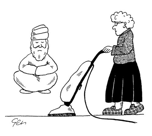 Woman vacuum cleaning and man levitating