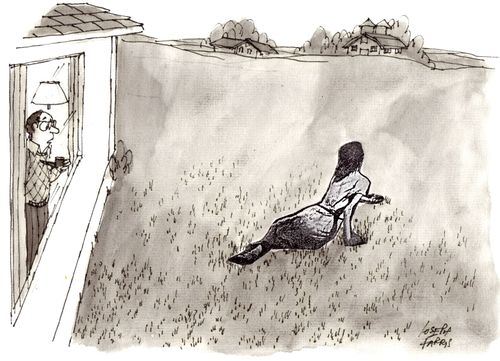 Man looks out of his window to see an impersonation of a Andrew Wyeth painting.