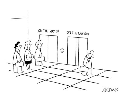 Business people wait to enter an 'On The Way Up' elevator while a sad man leaves an 'On The Way Out' elevator.