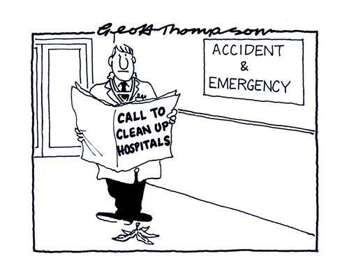Accident and Emergency - Call to Clean Up Hospitals (Man reading paper is about to slip on a banana skin).