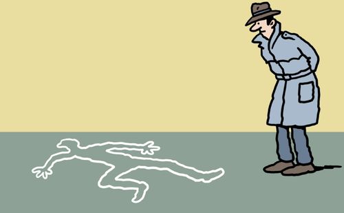 A detective looking at chalked outline of dead man.