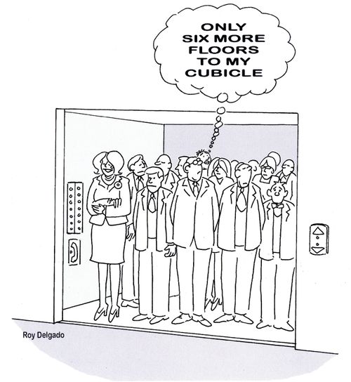 'Only six more floors to my cubicle.'