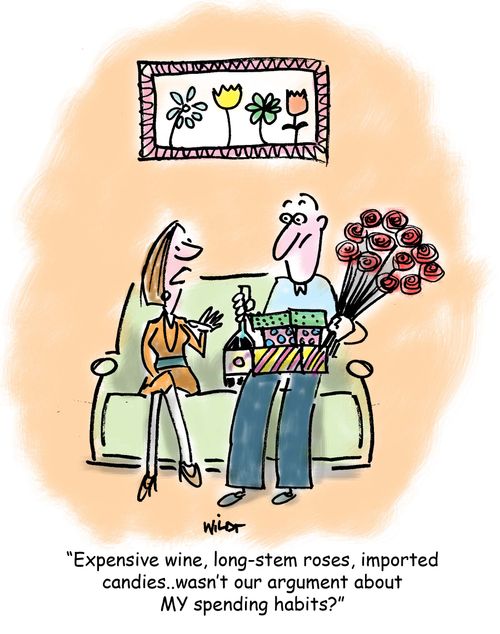 'Expensive wine, long-stem roses, imported candies...wasn't our argument about MY spending habits?'