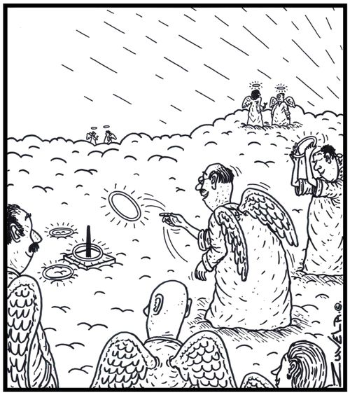 Visual Gag Angels happily playing a game of Quoits with their HalosHaloes