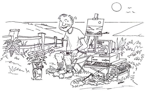 Frying sausages by the sea.