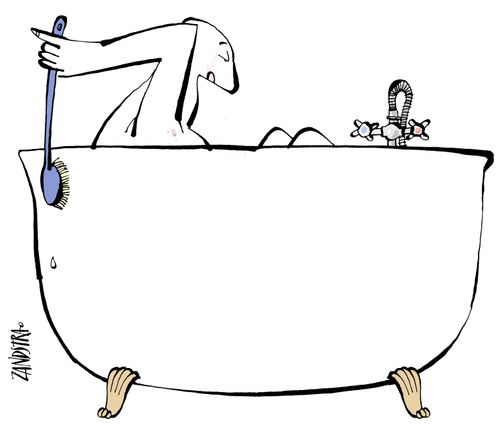 Man scrubbing side of bath with brush.