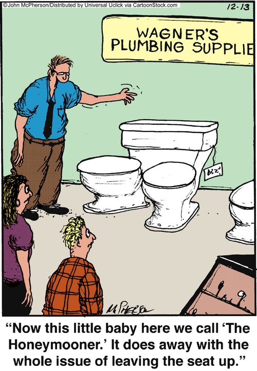 'Now this little baby here we call 'the Honeymooner.' It does away with the whole issue of leaving the seat up.'