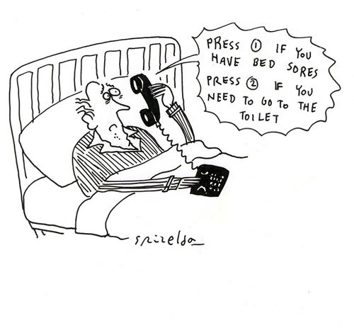 Elderly man on phone in bed - 'Press 1 if you have bed sores, Press 2 if you need to go to the toilet...'