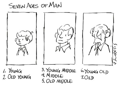 Seven ages of man - young, old young, young middle, middle, old middle, young old, old.