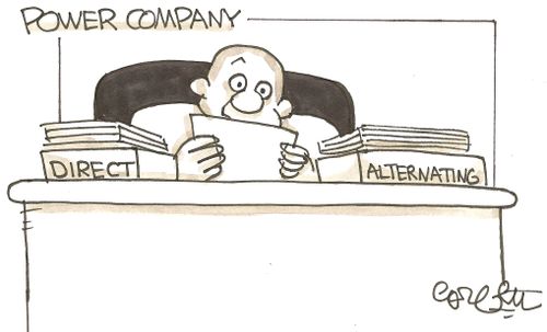 Power company desk boxes: 'Direct...alternating'.