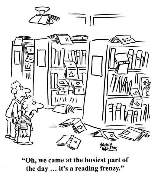 Kid to boy in library: 'Oh, we came at the busiest part of the day ... it's a reading frenzy.'