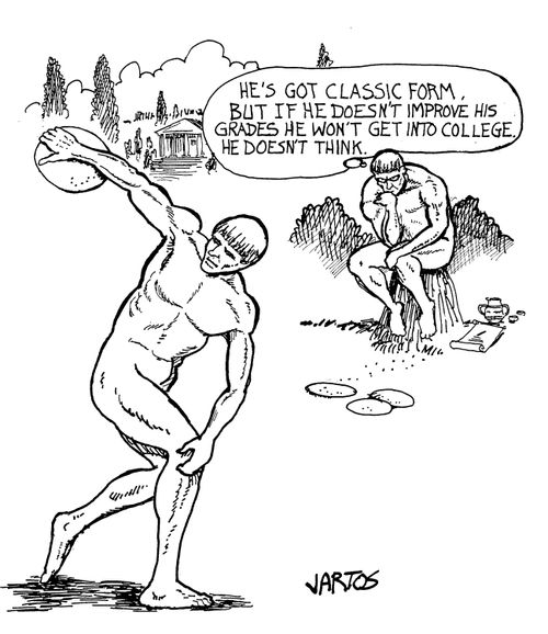 'He's got classic form, but if he doesn't improve his grades he won't get into college.  He doesn't think.'