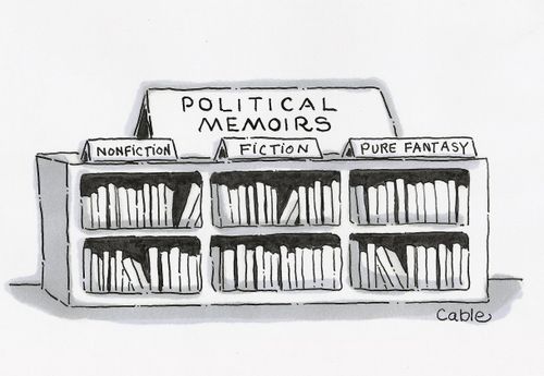 Display of political memoirs books categorized as: 'Non-fiction,' 'Fiction,' and 'Pure Fantasy'.