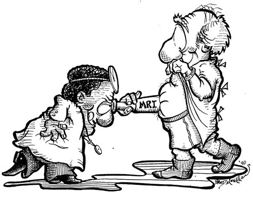 Doctor standing like a seaman with a telescope looking at a patient's stomach