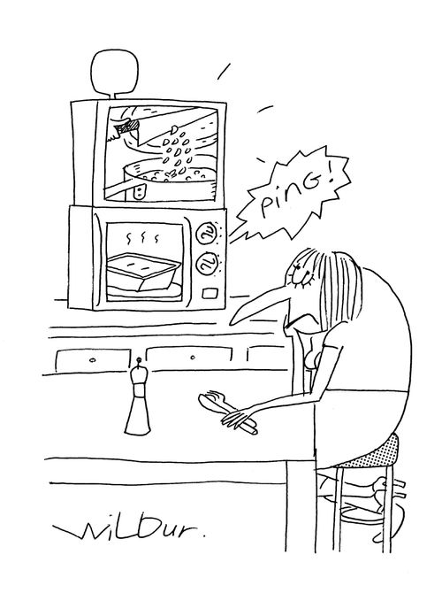 Woman watching cookery show as she waits for her microwave meal to cook. 