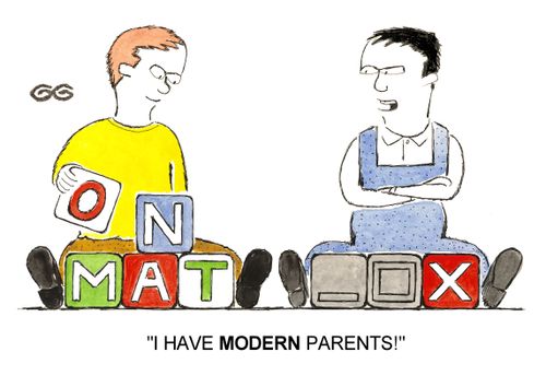 'I have modern parents!' (Building blocks have computer icons on)