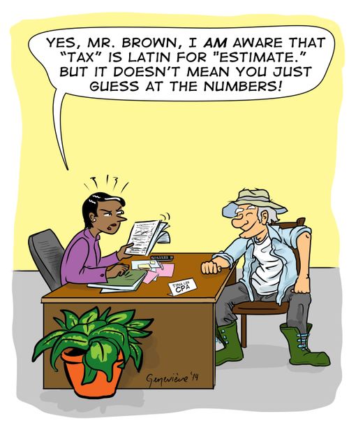 'Yes, Mr Brown, I am aware that 'Tax' is Latin for 'estimate'. But you can't just guess at the numbers!'