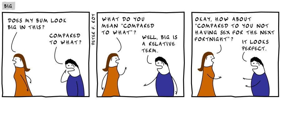 'Okay. How about 'compared to you not having sex for the next fortnight'?'