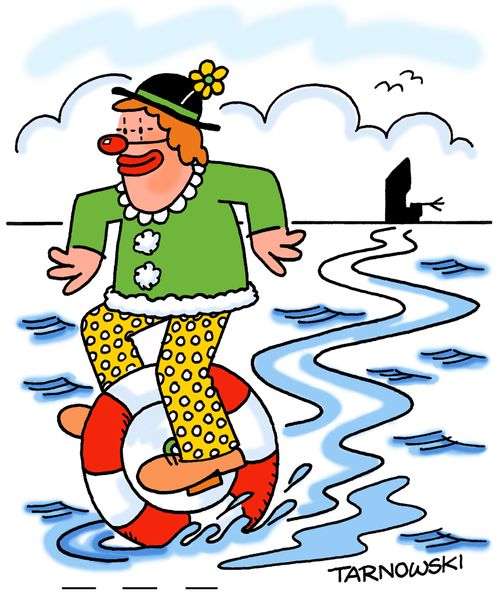 Clown escaping a shipwreck on an inflatable unicycle.