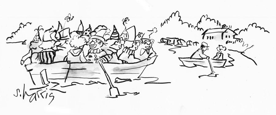 Many clowns in rowboat