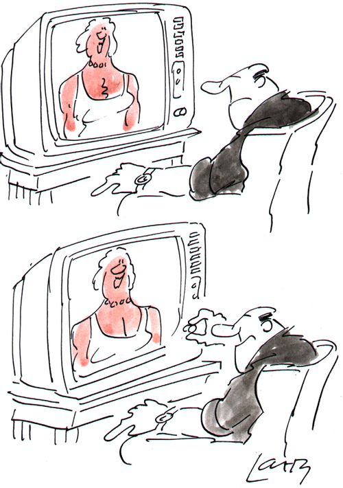 Man retuning his telly to get a closer look at the presenters breasts