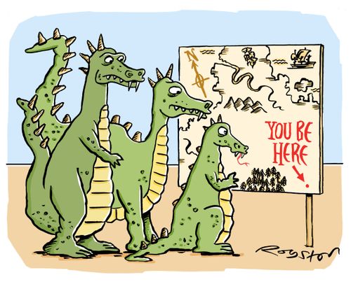 Dragons look at map that says 'You be here.'
