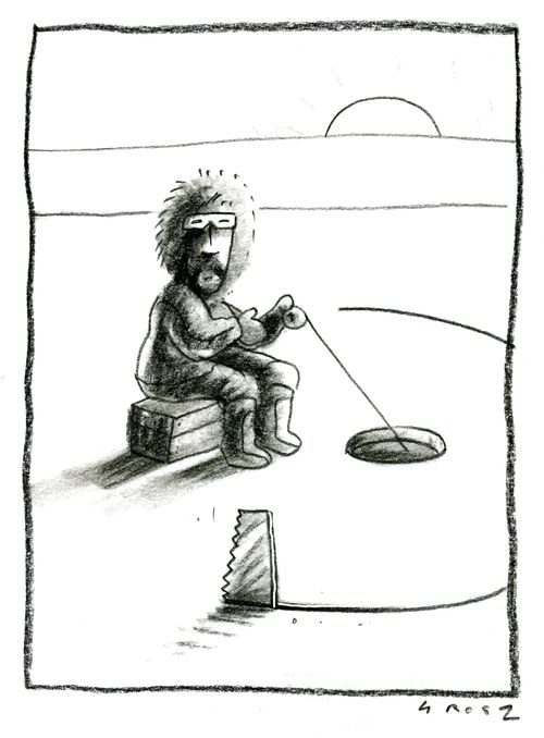 Eskimo fishing through the ice looks on in alarm as a saw is cutting a hole around him.