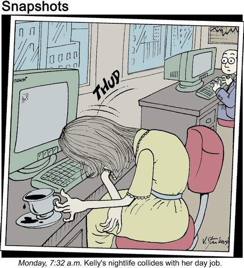Woman crashes at work. Kelly's nightlife collides with her day job.