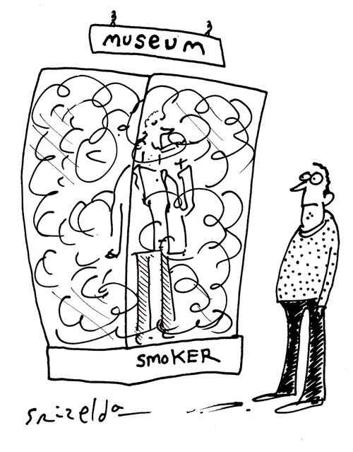 Museum with smoker in glass box.