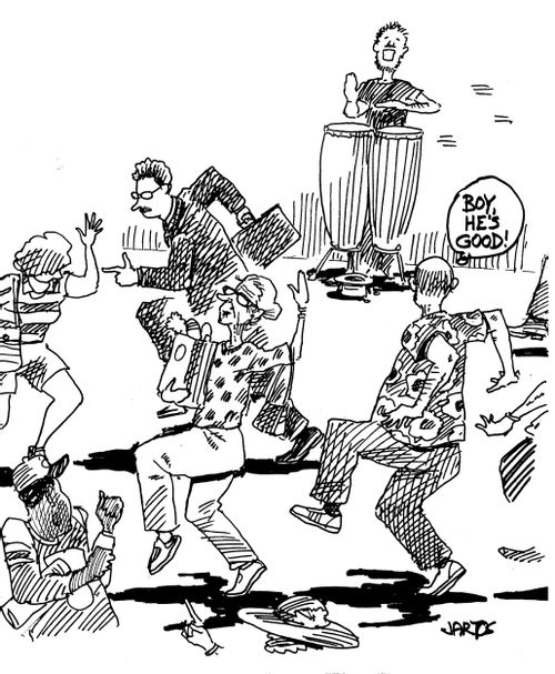 'Boy he's good!' (street musician makes passers-by dance a conga line).