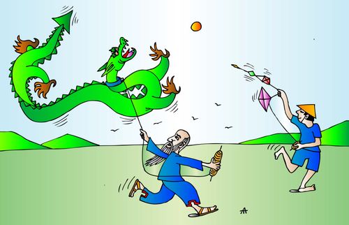 A Chinese man flies a dragon kite.