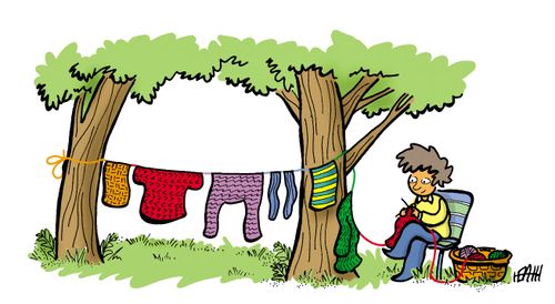 Woman knitting a washing line.