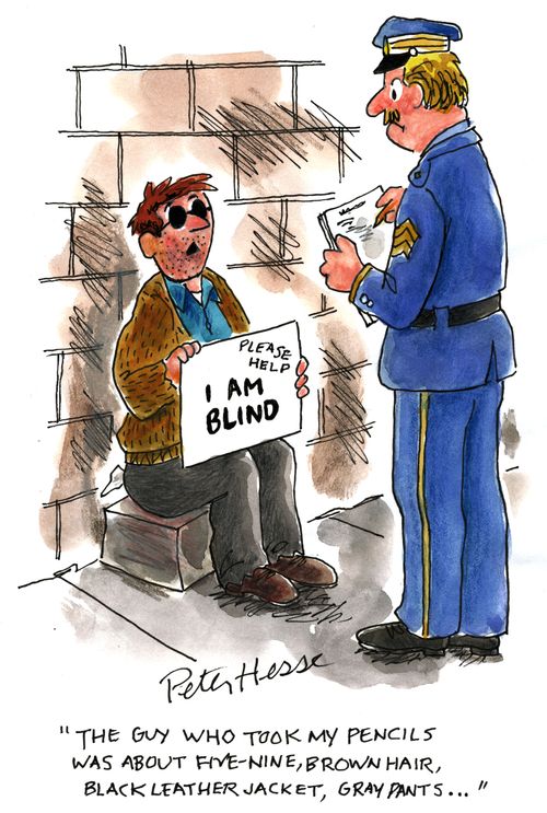 'The guy who took my pencils was about five-nine, brown hair, black leather jacket, grey pants . . .'
