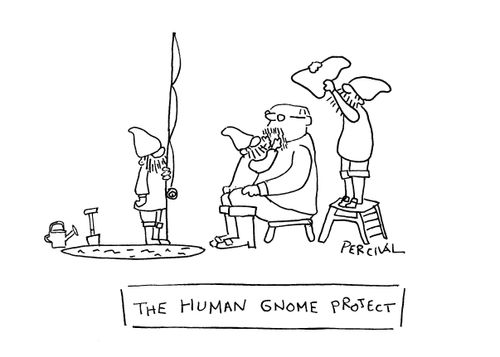 A man being dressed as a gnome by three gnomes.