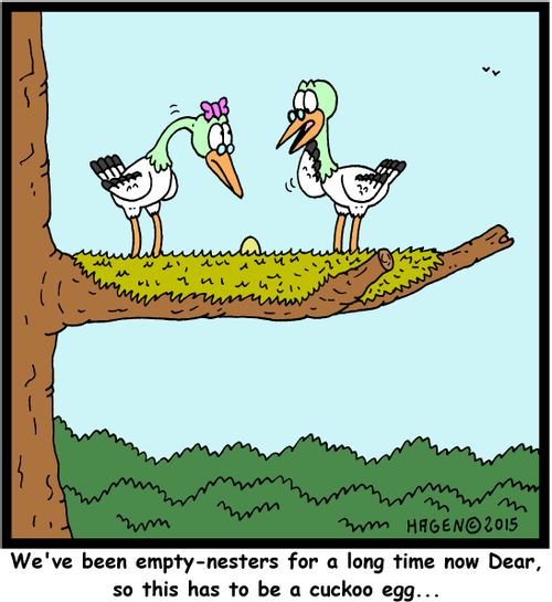 "We've been empty-nesters for a long time now Dear, so this has to be a cuckoo egg..."