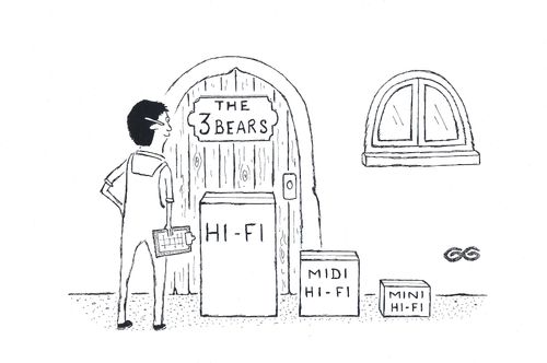 The three bears getting a delivery of a hi-fi, midi hi-fi and mini hi-fi.