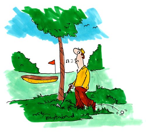 Golfer kicking ball out of bush.