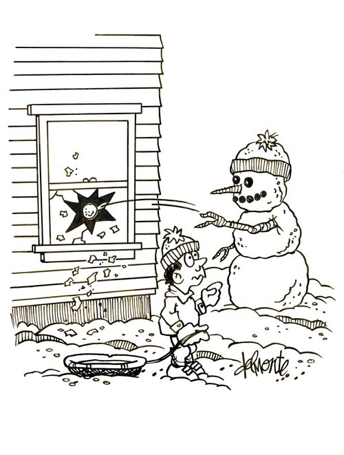 Snowman throws ball at window and breaks it.
