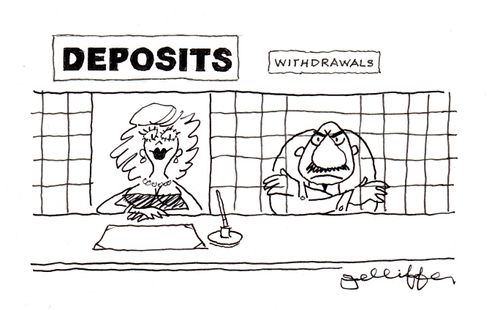 Bank counter with pretty girl on Deposits and unpleasant cashier on Withdrawals.
