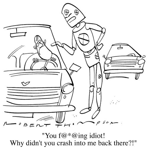 Crash test dummy - "You f**king idiot! Why didn't you crash into me back there?!"