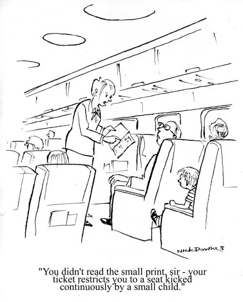 'You didn't read the small print, sir - Your ticket restricts you to a seat kicked continuously by a small child.'