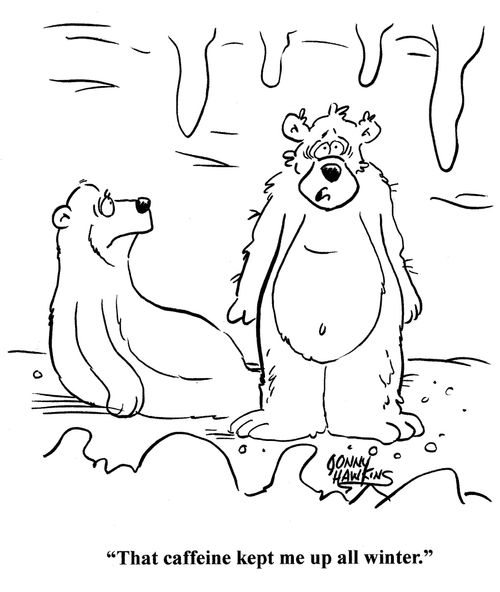 Bear to other: 'The caffeine kept me up all winter.'