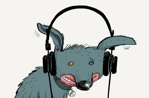 A blue dog wearing headphones