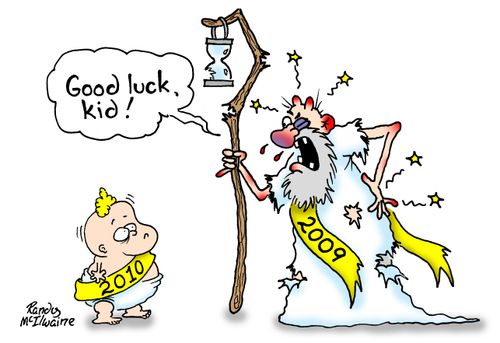 Father Time wishes Baby New Year luck.