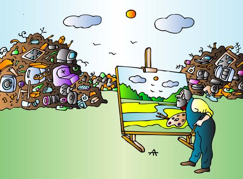 An artist paints a trash pile as a beautiful landscape.