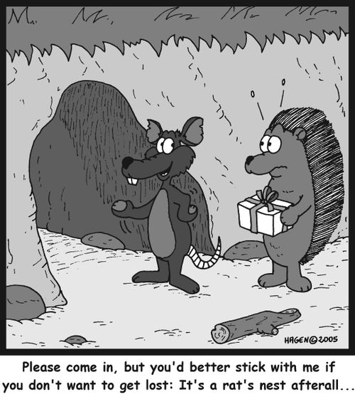 'Please come in, but you'd better stick with me if you don't want to get lost: It's a rat's nest afterall...'