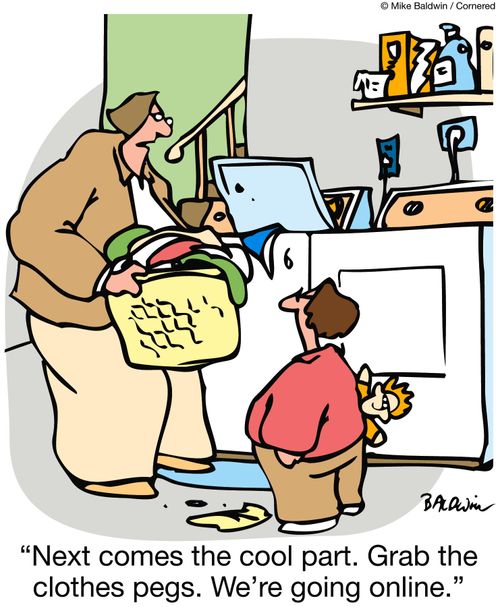 'Next comes the cool part.  Grab the clothes pegs.  We're going online.'