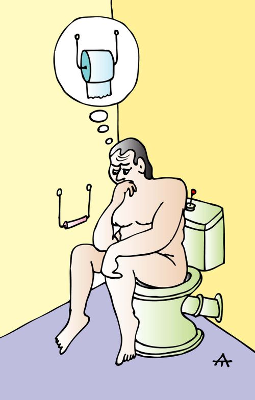 A man realises he is out of toilet paper.