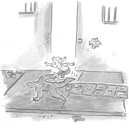 Kid on street playing hopscotch is about to land in body outline.